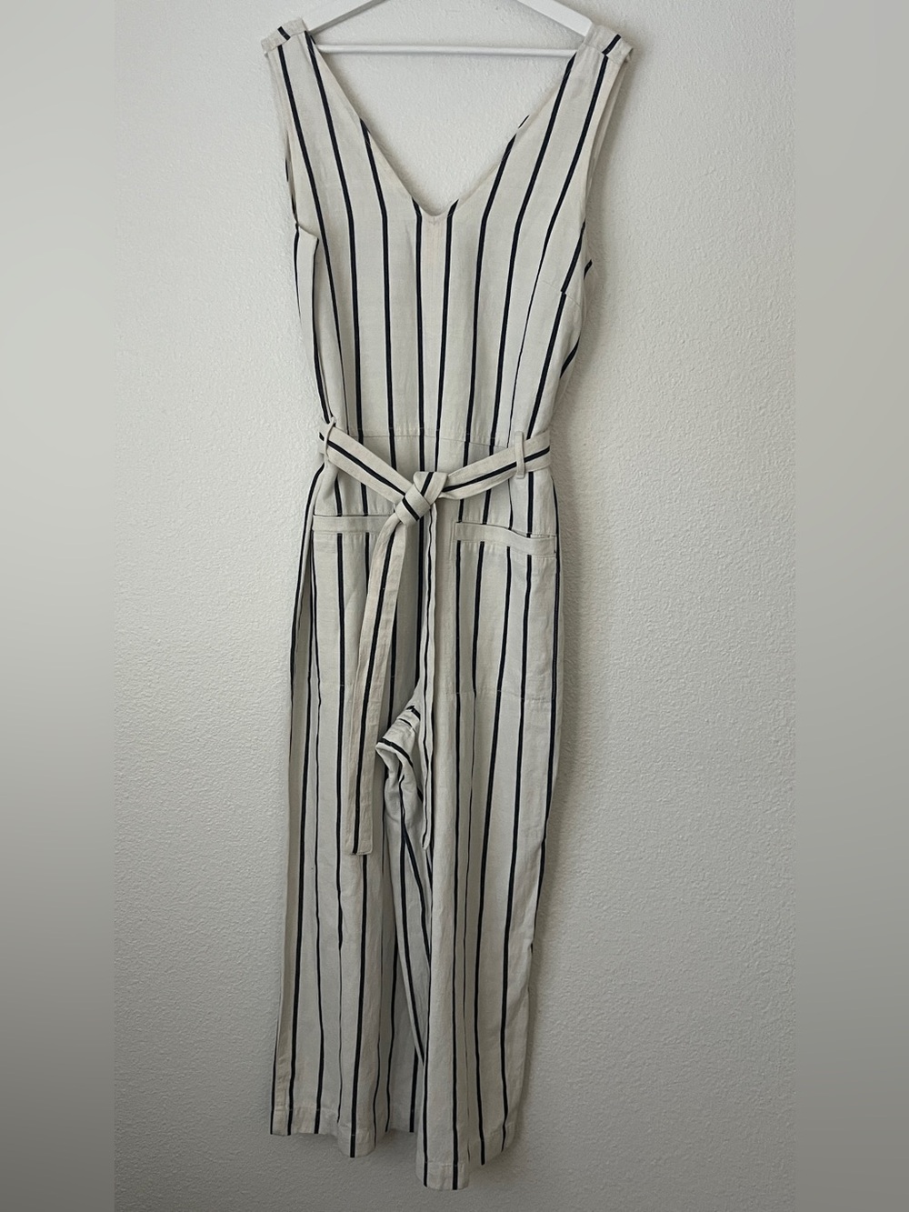 Madewell NWT Striped Pull-On Jumpsuit L Cream Navy Side Zip Wide Leg